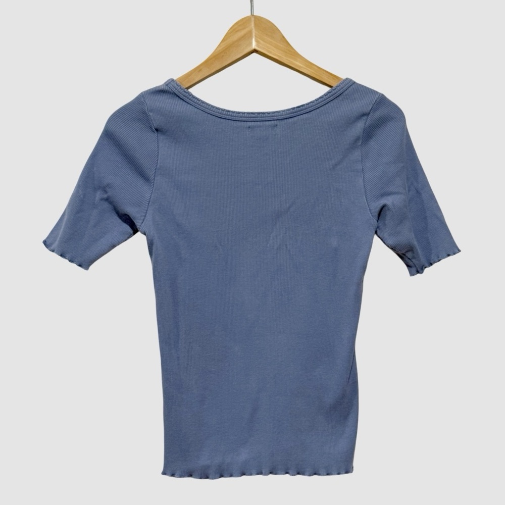 Sundance Women's Ribbed Scoop Neck Top Lettuce Hem Stretchable Cotton Periwinkle - Picture 2 of 4